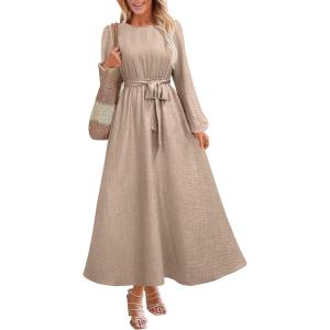 ANRABESS Womens Long Sleeve Dress 2025 Fall Casual Empire Waist A-Line Flowy Maxi Dresses with Pockets Vacation Outfits(Light Khaki)