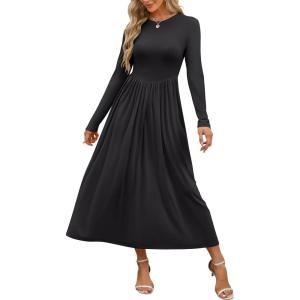 ANRABESS Women’s Long Sleeve Elegant Modest Drop Waist Maxi Dress 2025 Fall Casual Flowy Pleated Long Dresses with Pockets(Black)