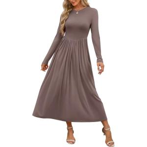 ANRABESS Women’s Long Sleeve Elegant Modest Drop Waist Maxi Dress 2025 Fall Casual Flowy Pleated Long Dresses with Pockets(Brown)