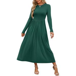 ANRABESS Women’s Long Sleeve Elegant Modest Drop Waist Maxi Dress 2025 Fall Casual Flowy Pleated Long Dresses with Pockets(Deep Green)