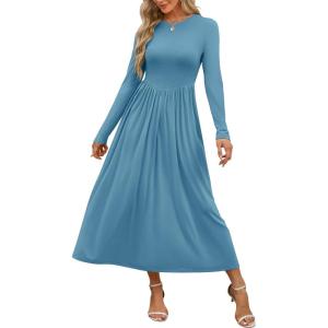 ANRABESS Women’s Long Sleeve Elegant Modest Drop Waist Maxi Dress 2025 Fall Casual Flowy Pleated Long Dresses with Pockets(Lake Green)