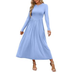 ANRABESS Women’s Long Sleeve Elegant Modest Drop Waist Maxi Dress 2025 Fall Casual Flowy Pleated Long Dresses with Pockets(Sky Blue)