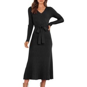 ANRABESS Womens Long Sleeve Fall Dress 2025 V Neck A-line Tie Waist Ribbed Knit Bodycon Midi Sweater Dresses(Black)