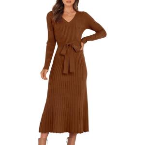 ANRABESS Womens Long Sleeve Fall Dress 2025 V Neck A-line Tie Waist Ribbed Knit Bodycon Midi Sweater Dresses(Caramel)