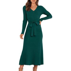 ANRABESS Womens Long Sleeve Fall Dress 2025 V Neck A-line Tie Waist Ribbed Knit Bodycon Midi Sweater Dresses(Deep Green)