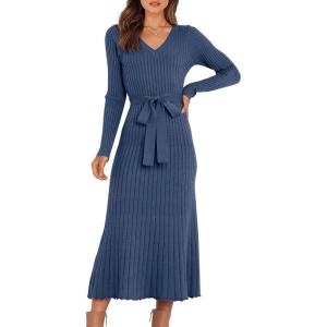 ANRABESS Womens Long Sleeve Fall Dress 2025 V Neck A-line Tie Waist Ribbed Knit Bodycon Midi Sweater Dresses(Dusty Blue)
