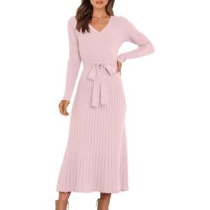 ANRABESS Womens Long Sleeve Fall Dress 2025 V Neck A-line Tie Waist Ribbed Knit Bodycon Midi Sweater Dresses(Pink)