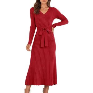 ANRABESS Womens Long Sleeve Fall Dress 2025 V Neck A-line Tie Waist Ribbed Knit Bodycon Midi Sweater Dresses(Red)