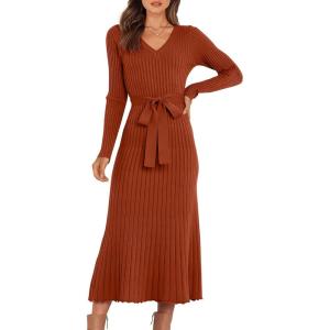 ANRABESS Womens Long Sleeve Fall Dress 2025 V Neck A-line Tie Waist Ribbed Knit Bodycon Midi Sweater Dresses(Rust)