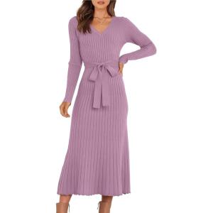 ANRABESS Womens Long Sleeve Fall Dress 2025 V Neck A-line Tie Waist Ribbed Knit Bodycon Midi Sweater Dresses(Violet)