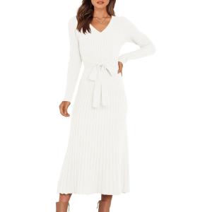ANRABESS Womens Long Sleeve Fall Dress 2025 V Neck A-line Tie Waist Ribbed Knit Bodycon Midi Sweater Dresses(White)