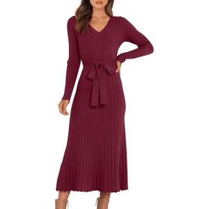 ANRABESS Womens Long Sleeve Fall Dress 2025 V Neck A-line Tie Waist Ribbed Knit Bodycon Midi Sweater Dresses(Wine Red)