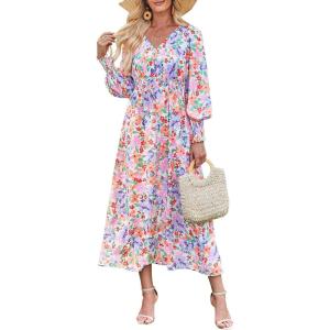 ANRABESS Women’s Long Sleeve Floral Maxi Dress Casual V Neck Chiffon Boho Flowy Beach Fall Wedding Guest Party Long Dresses(Crayon Multicolored Floral)