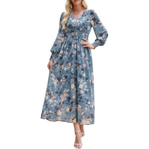 ANRABESS Women’s Long Sleeve Floral Maxi Dress Casual V Neck Chiffon Boho Flowy Beach Fall Wedding Guest Party Long Dresses(Floral Blue Apricot)