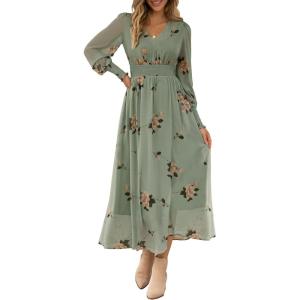 ANRABESS Women’s Long Sleeve Floral Maxi Dress Casual V Neck Chiffon Boho Flowy Beach Fall Wedding Guest Party Long Dresses(Floral Green)