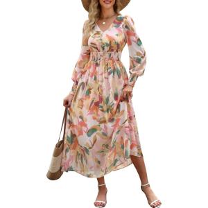 ANRABESS Women’s Long Sleeve Floral Maxi Dress Casual V Neck Chiffon Boho Flowy Beach Fall Wedding Guest Party Long Dresses(Floral Orange)