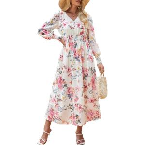ANRABESS Women’s Long Sleeve Floral Maxi Dress Casual V Neck Chiffon Boho Flowy Beach Fall Wedding Guest Party Long Dresses(Floral Pink)