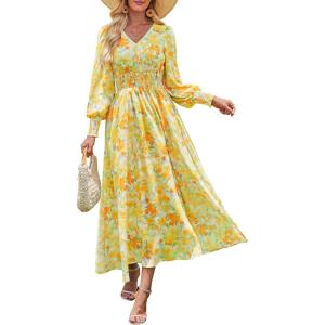 ANRABESS Women’s Long Sleeve Floral Maxi Dress Casual V Neck Chiffon Boho Flowy Beach Fall Wedding Guest Party Long Dresses(Floral Yellow Orange)
