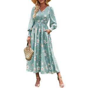 ANRABESS Women’s Long Sleeve Floral Maxi Dress Casual V Neck Chiffon Boho Flowy Beach Fall Wedding Guest Party Long Dresses(Green White Floral)