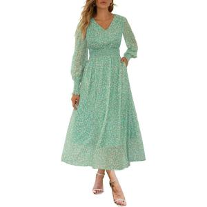 ANRABESS Women’s Long Sleeve Floral Maxi Dress Casual V Neck Chiffon Boho Flowy Beach Fall Wedding Guest Party Long Dresses(Green White Point)