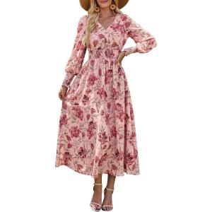 ANRABESS Women’s Long Sleeve Floral Maxi Dress Casual V Neck Chiffon Boho Flowy Beach Fall Wedding Guest Party Long Dresses(Rose Red Floral)
