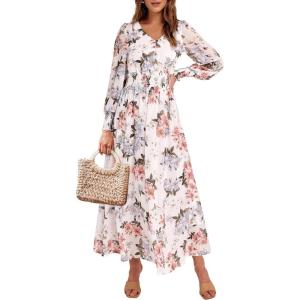 ANRABESS Women’s Long Sleeve Floral Maxi Dress Casual V Neck Chiffon Boho Flowy Beach Fall Wedding Guest Party Long Dresses(White Flor)
