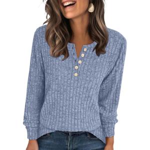 ANRABESS Womens Long Sleeve Henley Shirts Button Down Tunic Tops Fall Lightweight Sweaters Business Casual Blouses 2025(Blue)