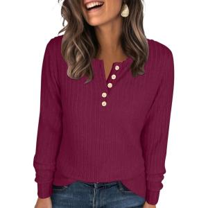 ANRABESS Womens Long Sleeve Henley Shirts Button Down Tunic Tops Fall Lightweight Sweaters Business Casual Blouses 2025(Burgundy)