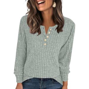 ANRABESS Womens Long Sleeve Henley Shirts Button Down Tunic Tops Fall Lightweight Sweaters Business Casual Blouses 2025(Light Green)