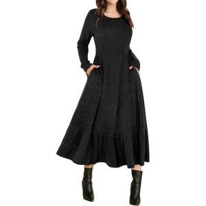 ANRABESS Womens Long Sleeve Midi Dress 2025 Fall Rib Knit Crew Neck A Line Soft Flowy Swing Dresses with Pocket Casual Trendy(Black)