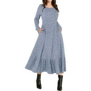 ANRABESS Womens Long Sleeve Midi Dress 2025 Fall Rib Knit Crew Neck A Line Soft Flowy Swing Dresses with Pocket Casual Trendy(Blue)