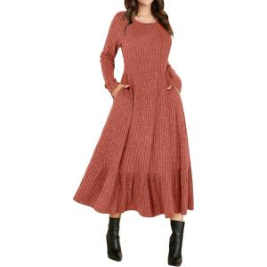 ANRABESS Womens Long Sleeve Midi Dress 2025 Fall Rib Knit Crew Neck A Line Soft Flowy Swing Dresses with Pocket Casual Trendy(Burnt Orange)