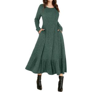 ANRABESS Womens Long Sleeve Midi Dress 2025 Fall Rib Knit Crew Neck A Line Soft Flowy Swing Dresses with Pocket Casual Trendy(Green)