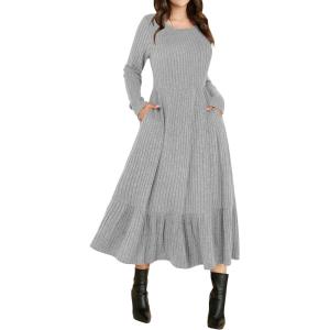 ANRABESS Womens Long Sleeve Midi Dress 2025 Fall Rib Knit Crew Neck A Line Soft Flowy Swing Dresses with Pocket Casual Trendy(Grey)