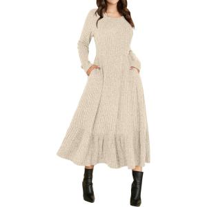 ANRABESS Womens Long Sleeve Midi Dress 2025 Fall Rib Knit Crew Neck A Line Soft Flowy Swing Dresses with Pocket Casual Trendy(Light Khaki)