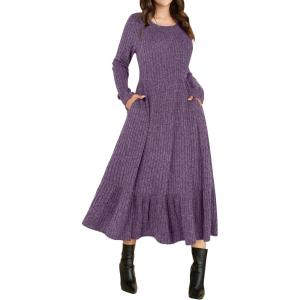 ANRABESS Womens Long Sleeve Midi Dress 2025 Fall Rib Knit Crew Neck A Line Soft Flowy Swing Dresses with Pocket Casual Trendy(Purple)