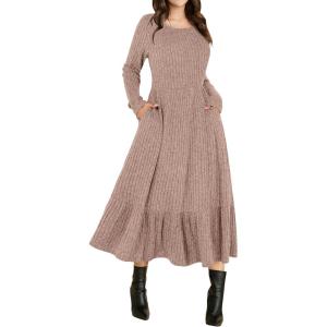ANRABESS Womens Long Sleeve Midi Dress 2025 Fall Rib Knit Crew Neck A Line Soft Flowy Swing Dresses with Pocket Casual Trendy(Tan)