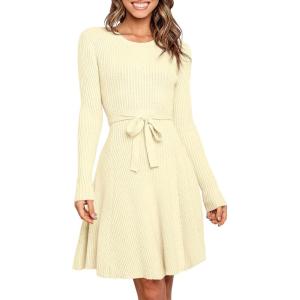 ANRABESS Women’s Long Sleeve Midi Dress Crewneck Tie Waist A-Line Swing Casual Bodycon Ribbed Knit 2025 Fall Sweater Dress(Apricot)