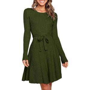 ANRABESS Women’s Long Sleeve Midi Dress Crewneck Tie Waist A-Line Swing Casual Bodycon Ribbed Knit 2025 Fall Sweater Dress(Army Green)