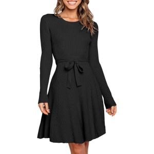 ANRABESS Women’s Long Sleeve Midi Dress Crewneck Tie Waist A-Line Swing Casual Bodycon Ribbed Knit 2025 Fall Sweater Dress(Black)