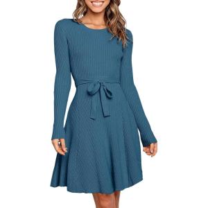 ANRABESS Women’s Long Sleeve Midi Dress Crewneck Tie Waist A-Line Swing Casual Bodycon Ribbed Knit 2025 Fall Sweater Dress(Blue)