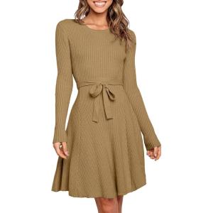 ANRABESS Women’s Long Sleeve Midi Dress Crewneck Tie Waist A-Line Swing Casual Bodycon Ribbed Knit 2025 Fall Sweater Dress(Brown)