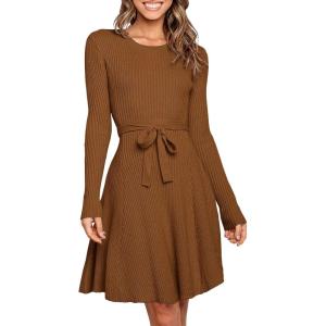 ANRABESS Women’s Long Sleeve Midi Dress Crewneck Tie Waist A-Line Swing Casual Bodycon Ribbed Knit 2025 Fall Sweater Dress(Caramel)
