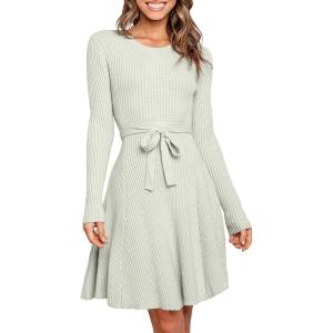 ANRABESS Women’s Long Sleeve Midi Dress Crewneck Tie Waist A-Line Swing Casual Bodycon Ribbed Knit 2025 Fall Sweater Dress(Gray)