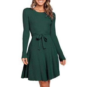 ANRABESS Women’s Long Sleeve Midi Dress Crewneck Tie Waist A-Line Swing Casual Bodycon Ribbed Knit 2025 Fall Sweater Dress(Green)