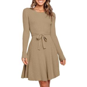 ANRABESS Women’s Long Sleeve Midi Dress Crewneck Tie Waist A-Line Swing Casual Bodycon Ribbed Knit 2025 Fall Sweater Dress(Khaki)