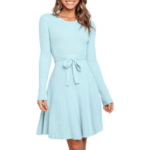 ANRABESS Women’s Long Sleeve Midi Dress Crewneck Tie Waist A-Line Swing Casual Bodycon Ribbed Knit 2025 Fall Sweater Dress(Light Blue)