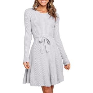 ANRABESS Women’s Long Sleeve Midi Dress Crewneck Tie Waist A-Line Swing Casual Bodycon Ribbed Knit 2025 Fall Sweater Dress(Light Purple)