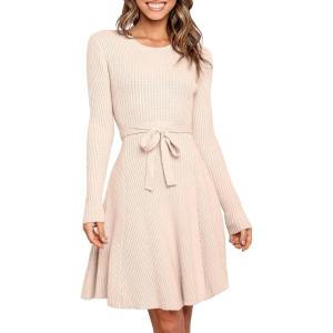 ANRABESS Women’s Long Sleeve Midi Dress Crewneck Tie Waist A-Line Swing Casual Bodycon Ribbed Knit 2025 Fall Sweater Dress(Pink)
