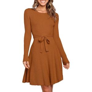 ANRABESS Women’s Long Sleeve Midi Dress Crewneck Tie Waist A-Line Swing Casual Bodycon Ribbed Knit 2025 Fall Sweater Dress(Pumpkin)